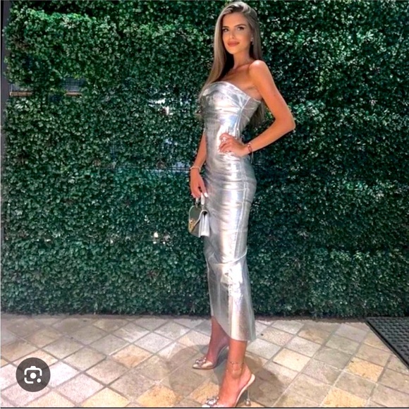 Zara The Fitted Denim bodycon silver midi dress sz.XS - Picture 5 of 16